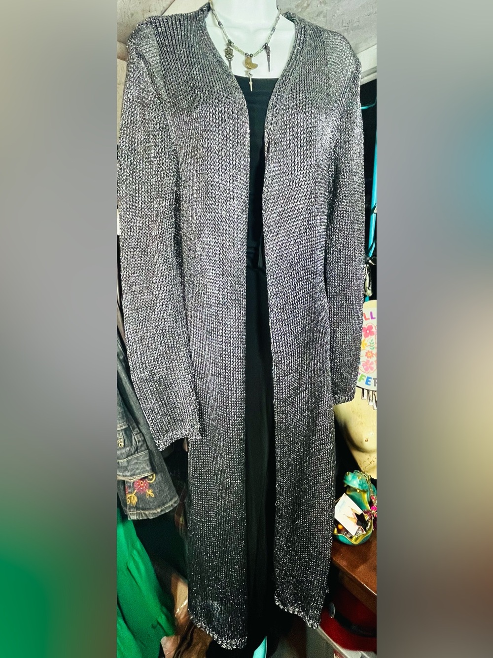 Vintage Longline Geometric Cardigan in Silver